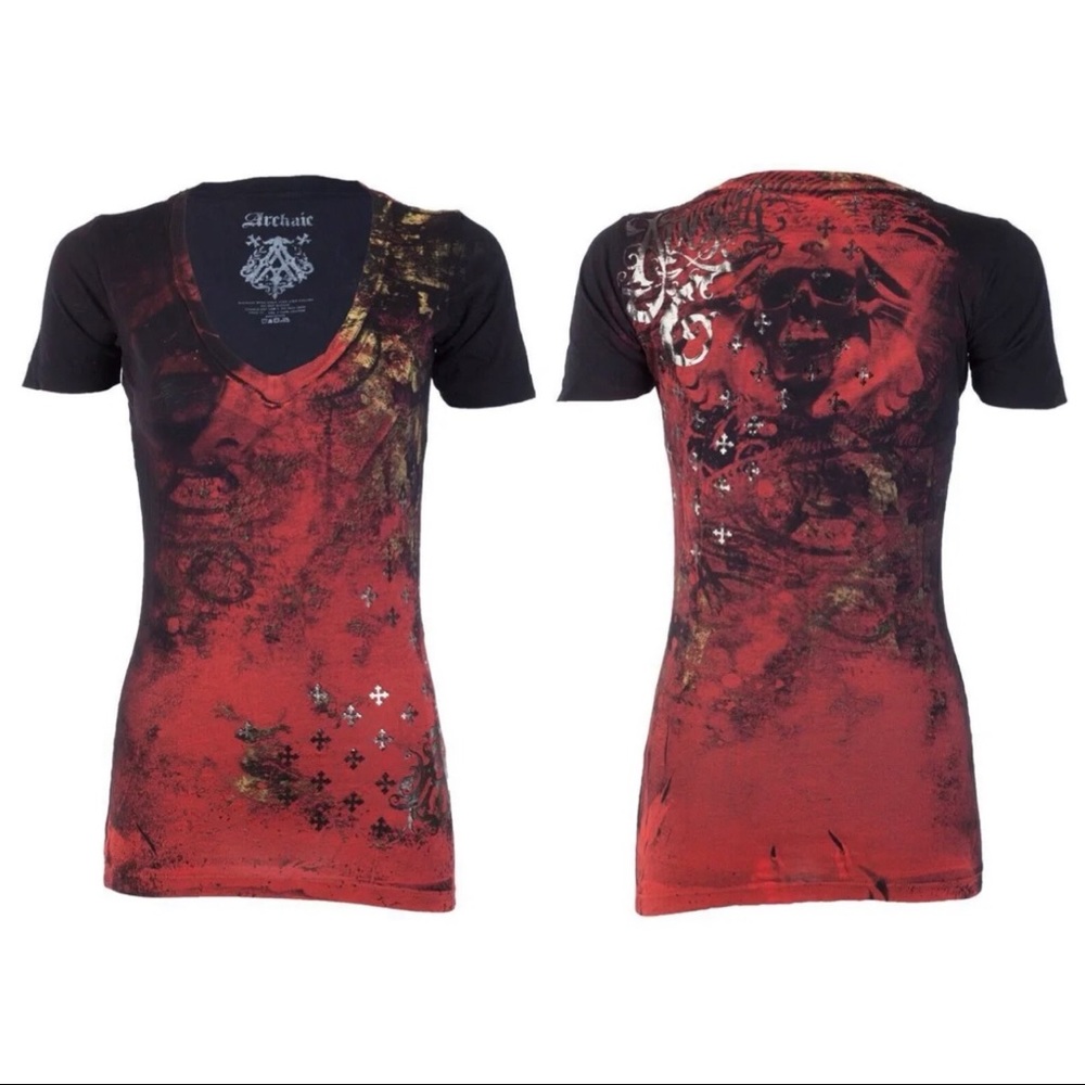 ARCHAIC by AFFLICTION Womens T-shirt Brass Skulls Black Slim Fit S-XL NWT